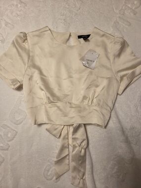Forever 21 Cream Satin Tie-Back Crop Top